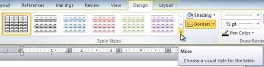 Click the drop down arrow to the right of the Shading colour button on the TABLE STYLES group on the DESIGN ribbon to display a list of different colours.