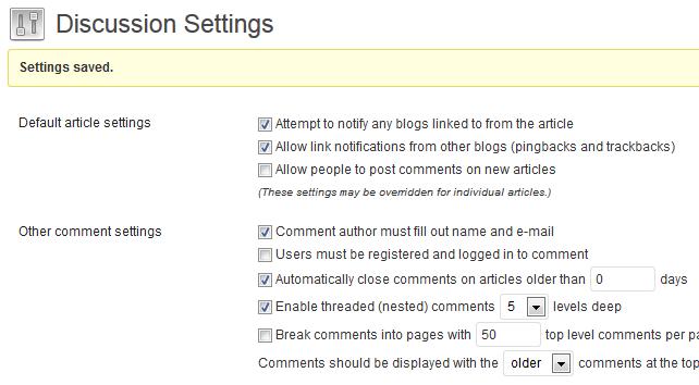 The main thing I want to change here is the setting that disables comments Allow people to post comments on new articles. Simply uncheck the box next to that setting.