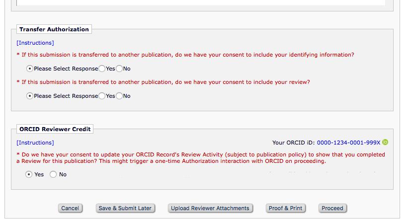 New Section on Review Form Review forms can include an Authorization to transfer to ORCID.