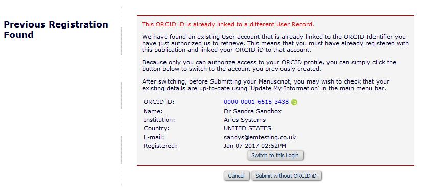 Existing Record check, during Submission When a user retrieves an ORCID id; we check for existing