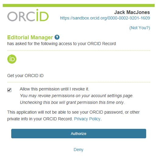 Custom Client Credentials EM is a registered ORCID Client Users are asked to give Editorial Manager permission to read their ORCID id. New in 15.