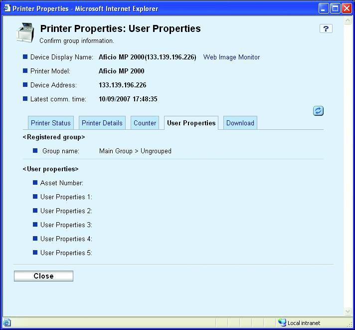 Displaying Device Information [User Properties] tab This displays groups with which devices are associated. It is also possible to edit User Properties comments.