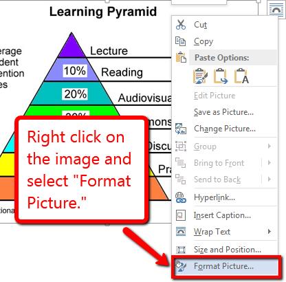 Alt Text will remain intact when saving Word documents as HTML or PDF (see Section 9). To add Alt Text, right-click the image and select Format Picture from the list.