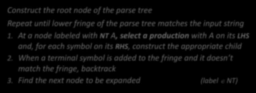 Top-down Parsing Review The Algorithm A top-down parser starts with the root of the parse tree The root node is labeled with the goal symbol of the grammar Construct the root node of the parse tree