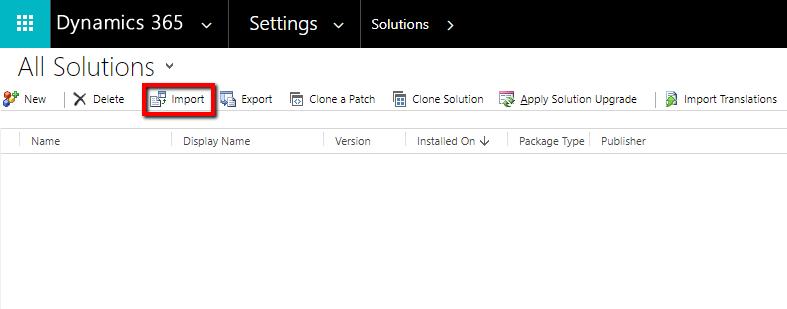 Login to your Microsoft Dynamics CRM/365 organization and head to Settings -> Solutions and