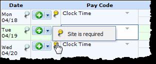 Time entries associated with exceptions appear on the timesheet marked with a colored pin. Inf 2. Click on the pin to display the exception message.