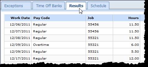Inf Results Tab The Results tab reports the calculated results of the data input on the main time sheet. All columns are sortable.