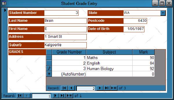 In this example, the top half of the form is used to enter information about the student. The bottom half is used to enter the marks for each subject the student does.