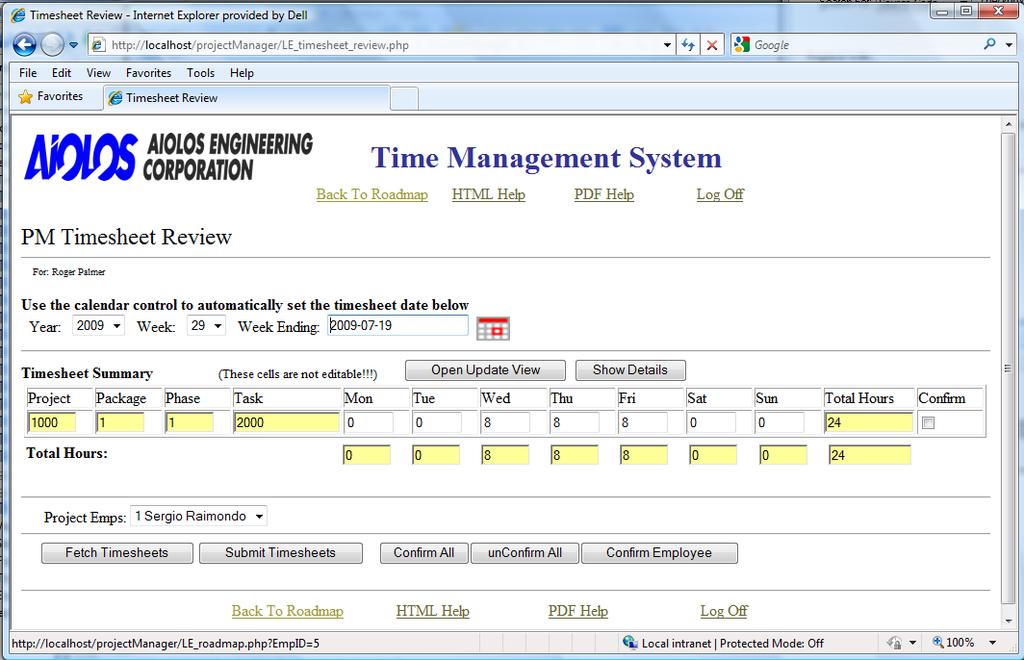 selection drop down list, the Project Emps, for specifying which employee to display entries for. When the web page opens, it may or may not have any Timesheet data.