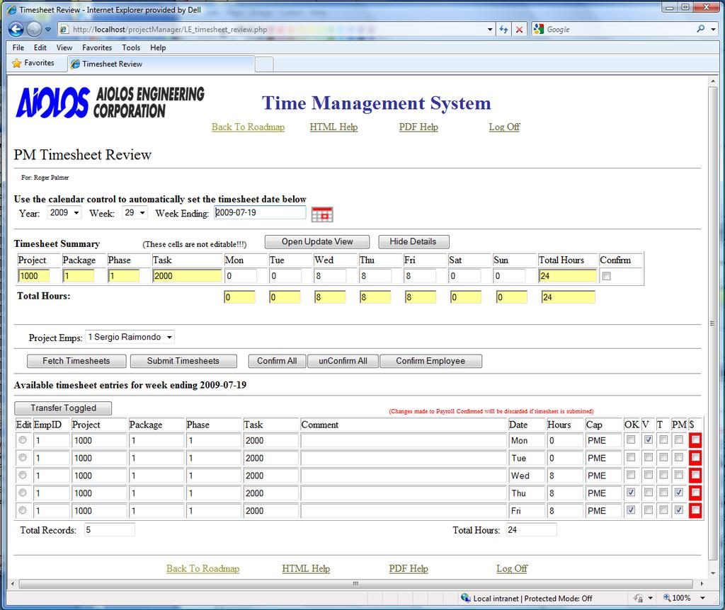 Figure 18: PM Timesheet Review web page detail view If you disagree with one of the Timesheet records, then you should click the Open Update View button to display the New/Toggled section.