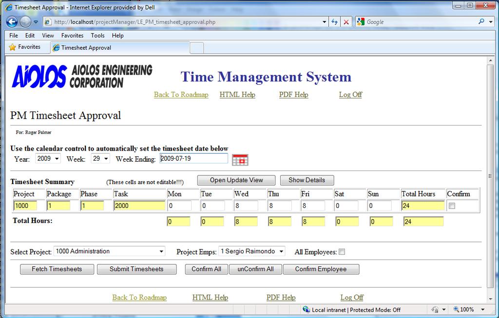 Figure 21: PM Timesheet Approval web page - Timesheet Summary for all employees If you remove the check mark from the All Employees check box, the view will change to that shown in the picture below.
