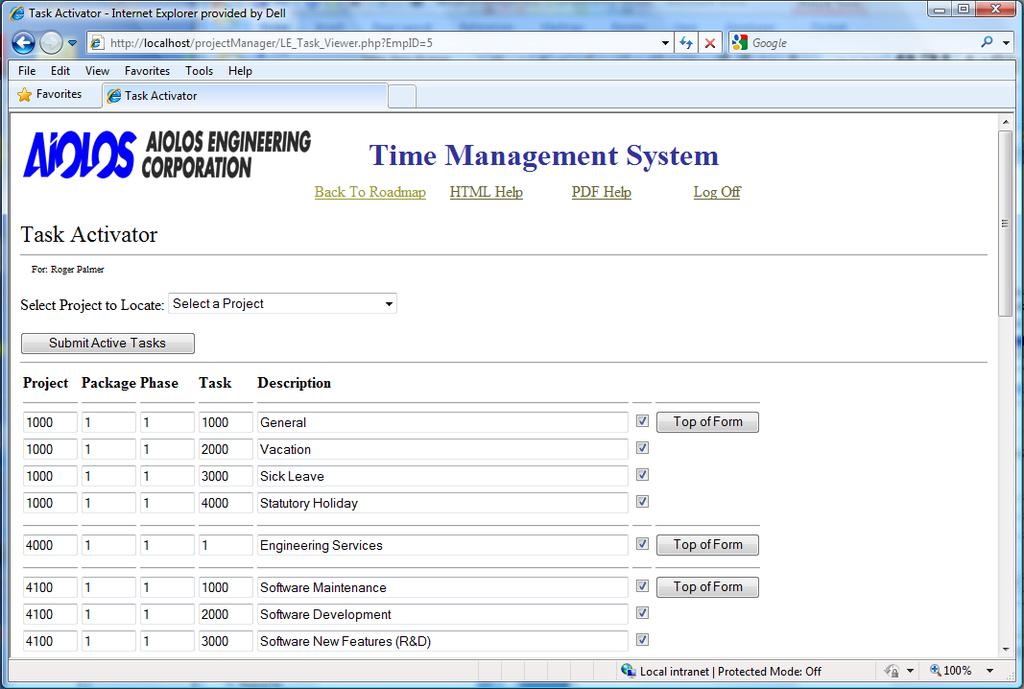 Set Active Tasks This web page is used to flag tasks as Active or InActive. When the web page loads it will have data for all available tasks in your database.