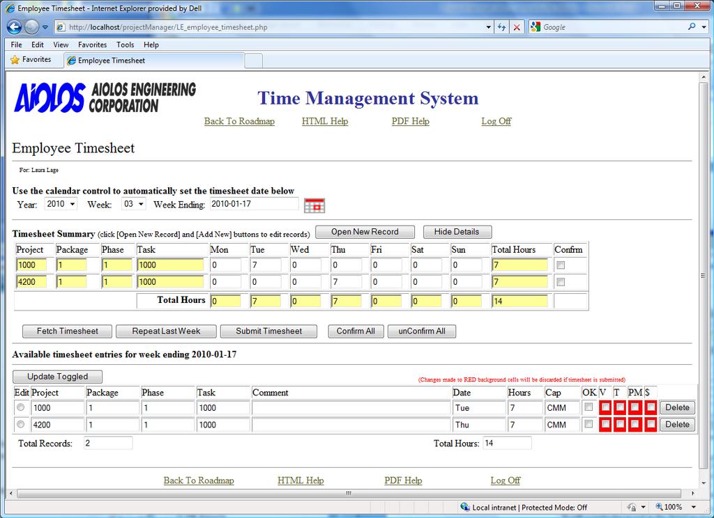 Figure 8: Employee Timesheet web page - Detail view In the Details section of the web page, the Confirm check box of the previous two views is displayed under the OK column.