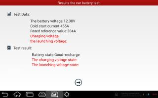Charging system and starting system test While performing this test, the battery s charging voltage value and starting voltage can be obtained in case of engine starting and accelerating.