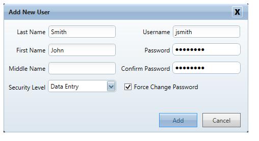 STEP 5 In the Add New User dialog, enter the new user s last and first name then select the security level for this user.