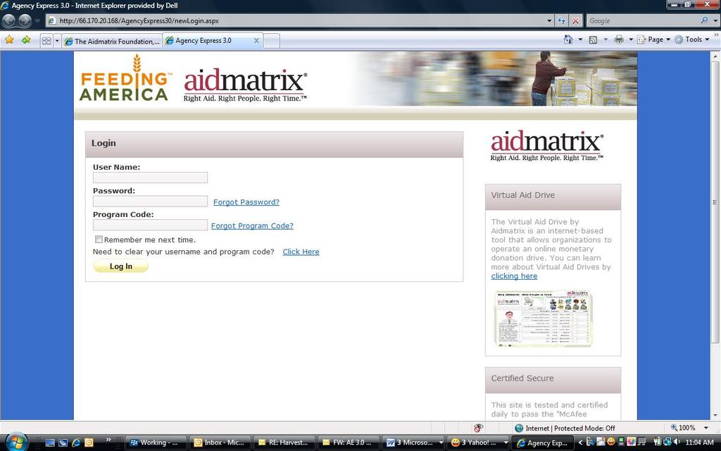 6 This action displays a new window shown below, which is the Aidmatrix (Agency Express) Login page. 2 6 4 3 5 7 2. Enter your User Name, Password, and Program Code. a. Your Program Code is 0112P (case-sensitive) followed by your four-digit food bank Program Number.