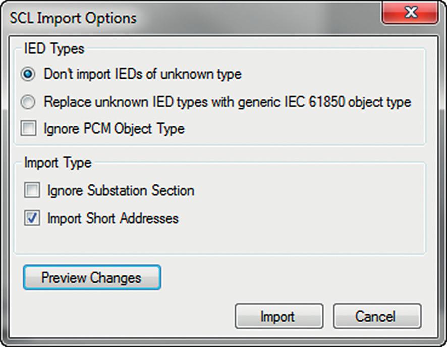 Section 7 IEC 61850 communication engineering 1MRK 511 442-UEN A 1. Select an IED in the plant structure. 2. Right-click on the IED and select Import... 3. Select the file to be imported. 4. An SCL Import Options window opens to enable you to configure import handling (see Figure 74): 4.