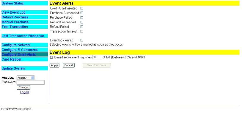 Configure Email and Alerts Select Event Alerts that are to be emailed as they occur.