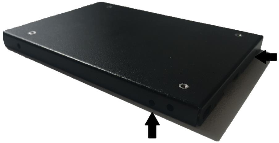 1 Physical button For the SafeDisk with product number starting with SDM0-0 the Zeroize button is located close to the hole as indicated by the black arrow.