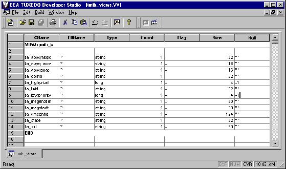 Usig the BEA Tuxedo Editors Figure 3-7 VIEW Table Editor As show i the previous figure, the VIEW Table Editor cotais seve colums: CName, FBName, Type, Cout, Flag, Size, ad Null, with a ulimited umber