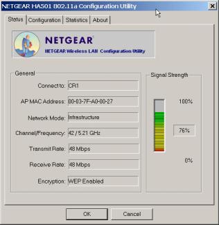 Wireless LAN - Status The Status section of the NETGEAR HA501 802.11a Configuration Utility dialog box shows you the current condition of the wireless LAN.