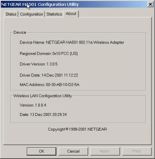 Wireless LAN - About The About section of the NETGEAR HA501 802.