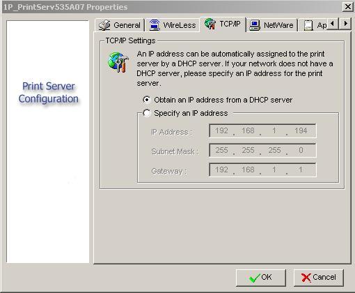 Properties TCP/IP Options The TCP/IP options allow you to modify the print server s TCP/IP settings. Each option is detailed as follows.