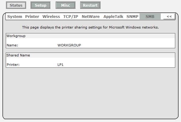 4.Click SMB, it then as shown in the following picture. Workgroup Name: This option allows you to view the SMB Workgroup Name from the print server.