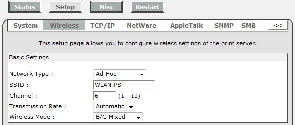 Wireless Setup: 1. Click Setup, it then appears the sub-menu. 2. Click Wireless, it then as shown in the following picture.