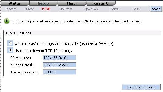 TCP/IP Setup: 2. Click Setup, it then appears the sub-menu. 3. Click TCP/IP, it then as shown in the following picture. DHCP/BOOTP: This option allows you to select DHCP/ BOOTP option.