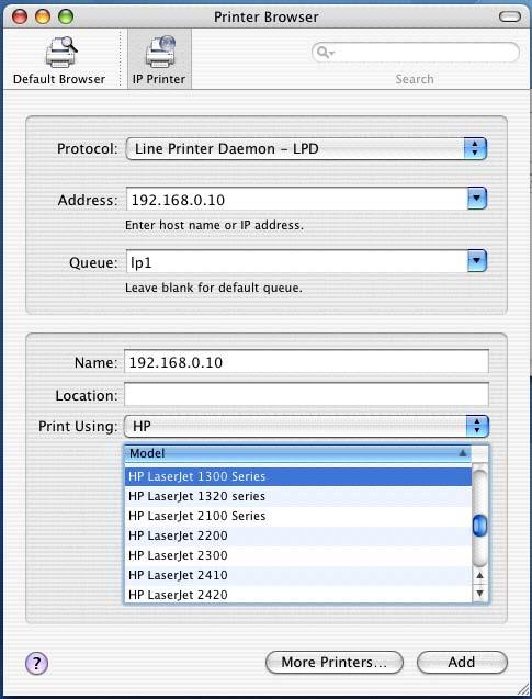 For LPD printing application in Mac OS X 10.4.x 1. From the Printer Setup Utility, click Add. 2. Click IP Printer and select Line Printer Daemon LPD. 3.