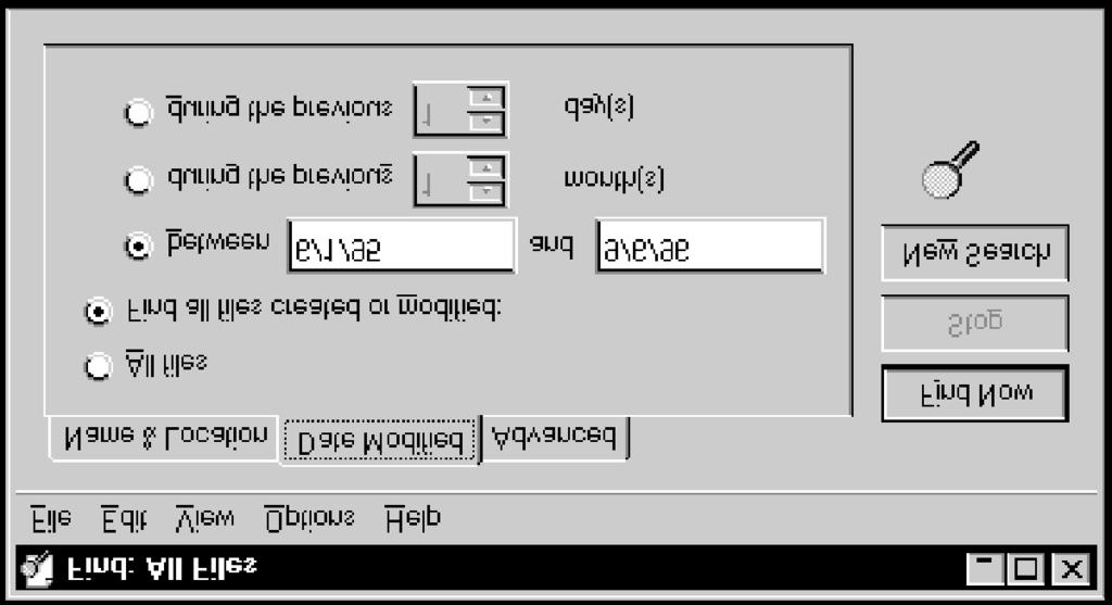 Windows NT Basics Lesson 12 - Viewing, Opening, and Finding FINDING FOLDERS/FILES BY DATE The Find command, available from the Start menu or from the Tools pull-down menu, opens the Find dialog box.