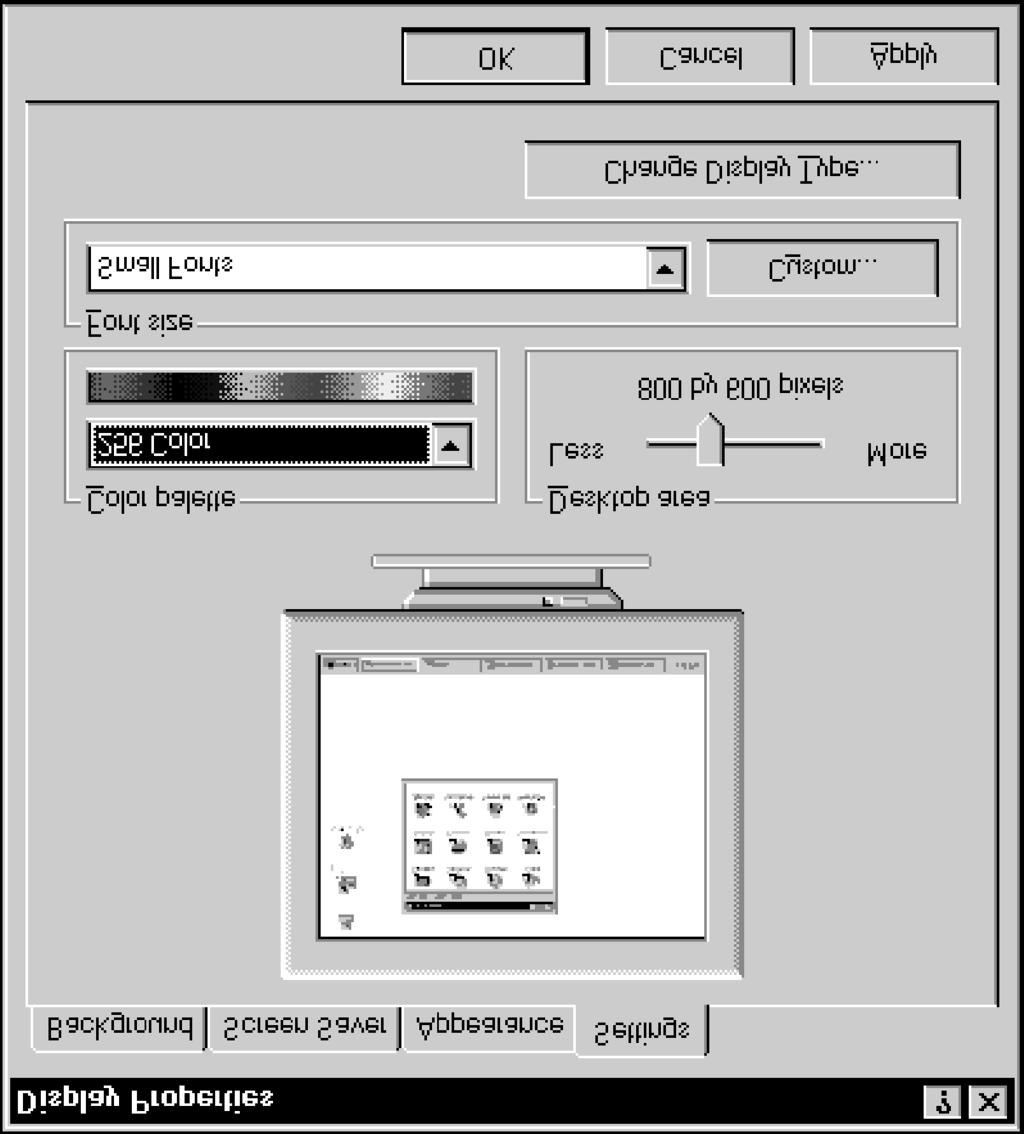 Windows NT Basics Lesson 19 - Customizing the Display Changing the screen resolution " If no monitor was recognized during installation, you will be prompted to specify a display type before Windows