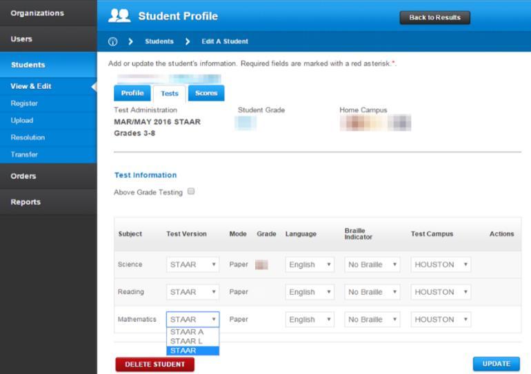 Edit Existing Student Information 1. In the left navigation pane, click Students > View & Edit. 2. Under Search for Students, select a Test Administration from the drop down menu. 3.