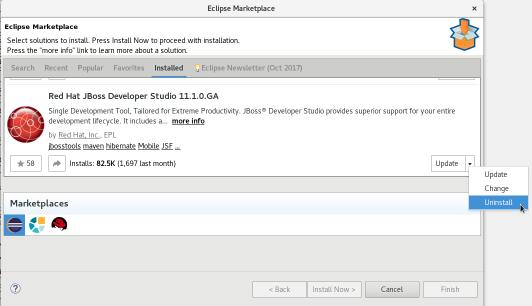 Eclipse Marketplace or the update.zip file. To uninstall Red Hat JBoss Developer Studio: 1. Start Eclipse Oxygen. 2. Click Help > Eclipse Marketplace. 3.