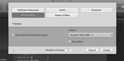 Click the + in the arrange window to create a new track and select External MIDI.