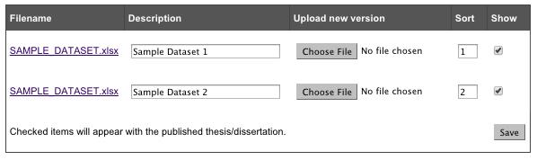 After an additional file is loaded in SFA ScholarWorks you may provide a description for each file, upload a new version if necessary, sort the files (if multiples exist) and also elect to show or