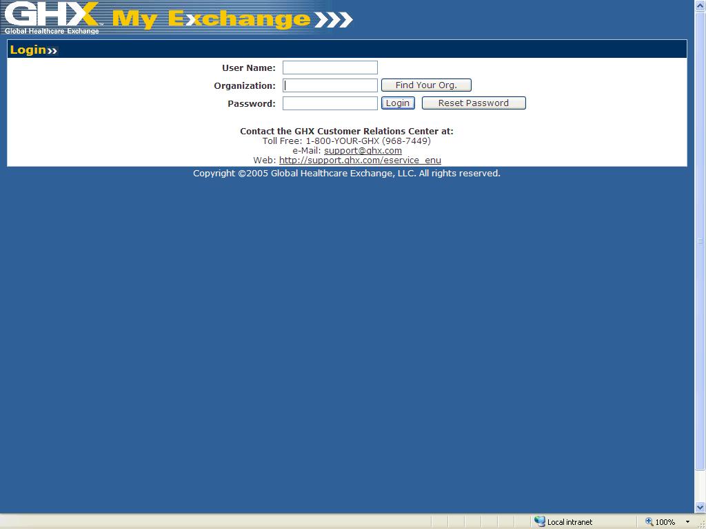 Logging In To log into Order Center: 1. Go to http://myexchange.ghx.com. The Login screen appears. 2. Type your User Name. 3. Type your Organization. Note: Click the Find Your Org.