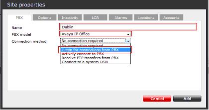 On the new Site properties window that appears, the default PBX tab is displayed.