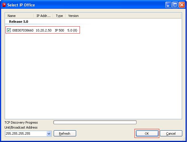 In the Avaya IP Office Manager window, select File Open Configuration (not shown) to search for IP Office in the