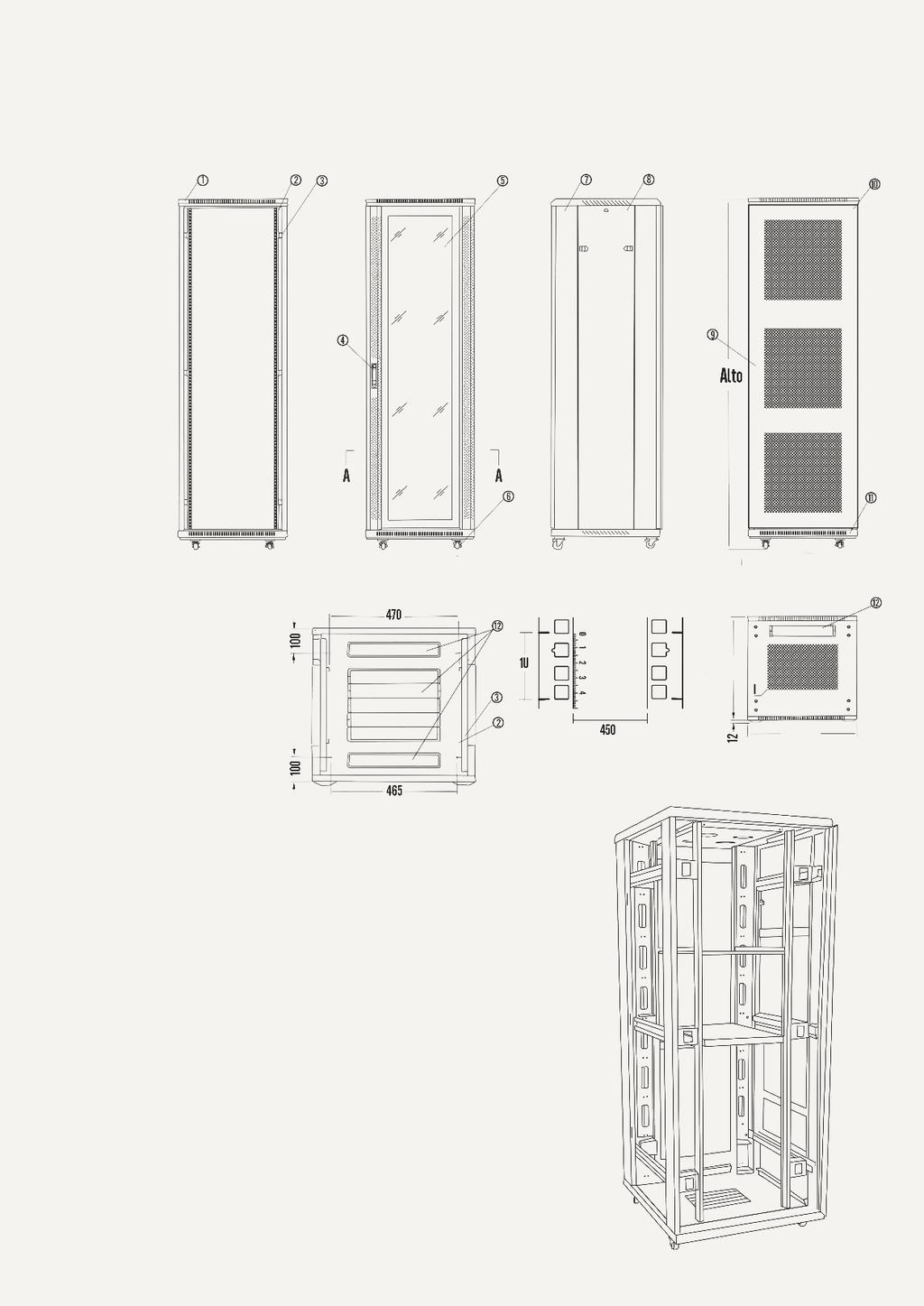 20CATALOGUE 14PRODUCT NO FRONT DOOR FRONT SIDE REAR BACKGROUND WIDTH TOP Floor Cabinets BOTTOM 1. Top cover. 2. Installation Guide numbered accessories. 3. Crossmember support of the numbered guides.