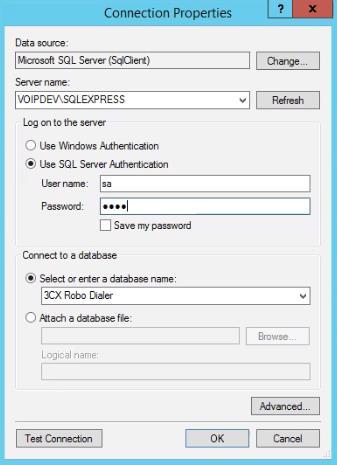 Figure 6: SQL Server Authentication The first time you install 3CX Dialer, DO NOT enter a database name. Choose Select or enter a database name and leave the database name blank.