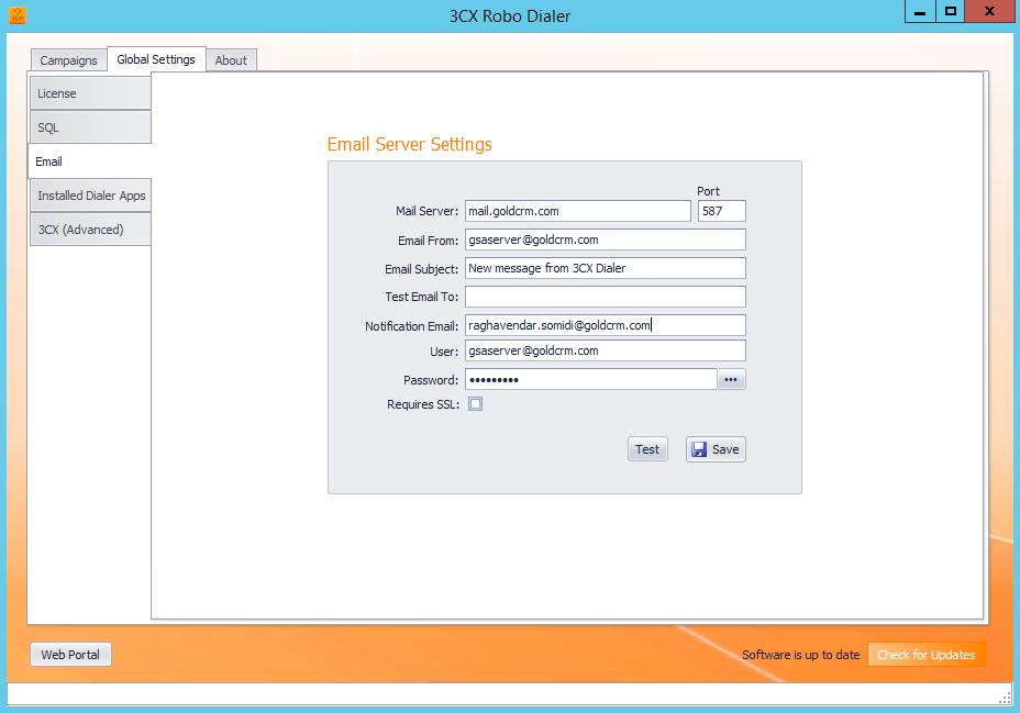 Email tab Configure Email Server Settings Email tab enables you to configure Email Server Settings. Figure 11: Email Server Settings 1. In the Global Settings screen, click Email tab. 2.