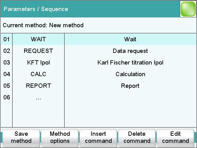 7.1 Creating a titration method 2 Selecting a Karl Fischer command Highlight the line KFT Ipol. Tap on [Edit command].