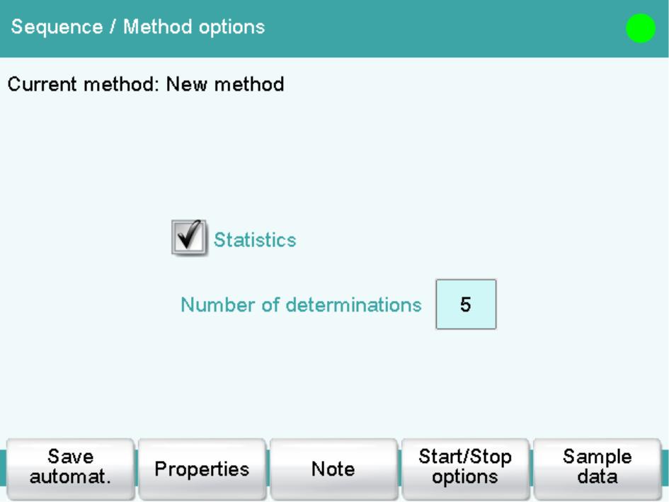 7.1 Creating a titration method 7 Activating the statistics In the main dialog, tap on [Edit parameters]. Tap on [Method options]. Here you can define the statistics function for this method.