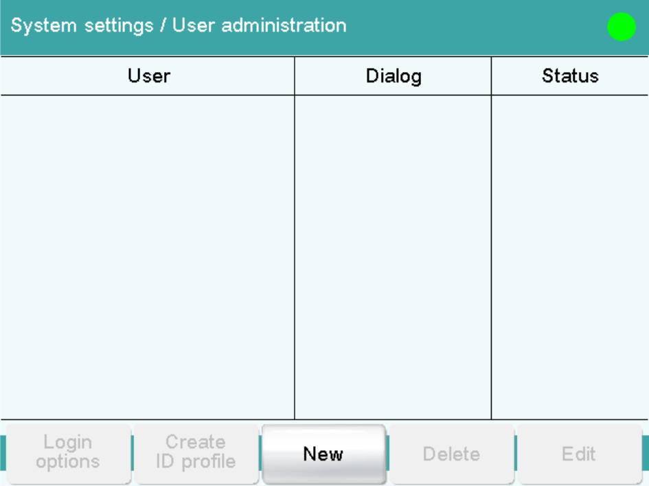 9.1 Creating a user list 2 Creating a new user Tap on [New]. Tap on the input field User and enter an unambiguous user identification (e.g.,abbreviation). Close the input dialog with [OK].