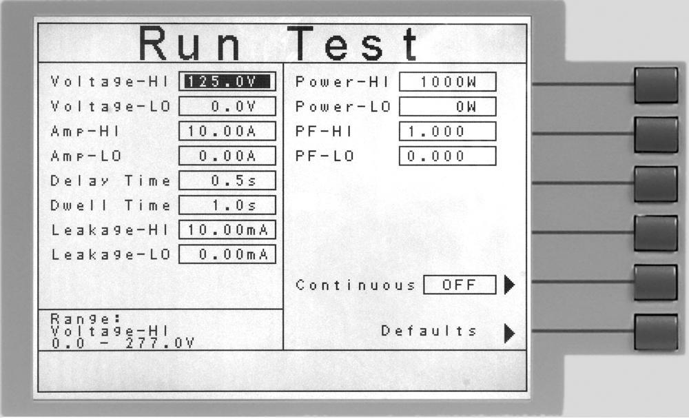 From the Run Test Parameter Setting screen the following parameters may be controlled: Voltage-HI, Voltage-LO, Amp-HI, Amp-LO, Delay Time, Dwell Time, Leakage-HI, Leakage-LO, Power-HI, Power-LO,