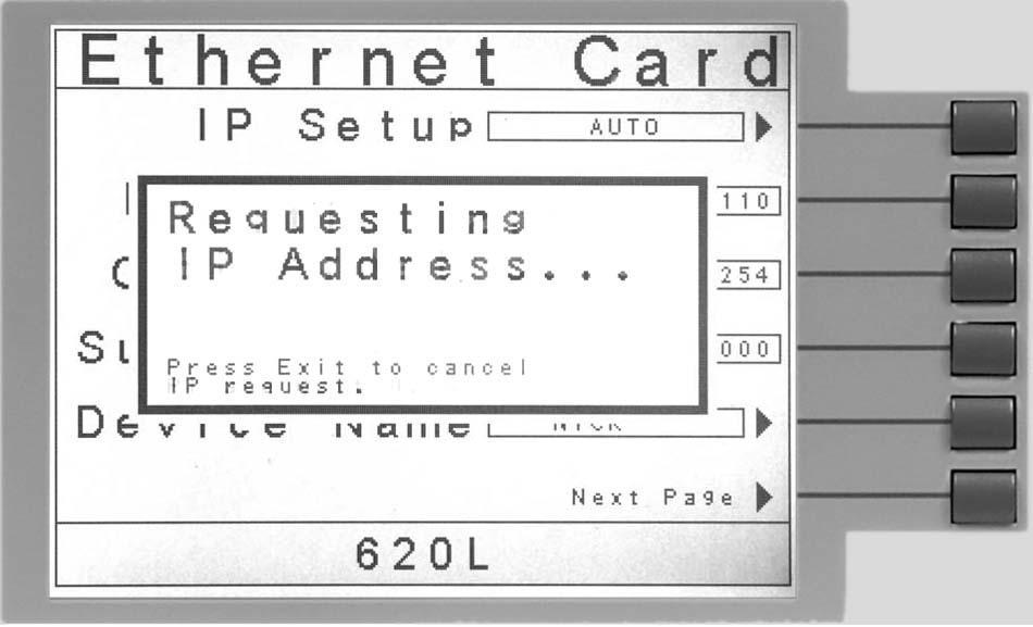 option description. Thus, if the IP Setup is set to AUTO, the Ethernet Card will request a new IP Address every time a parameter is edited and, as a result, the Requesting IP Address.