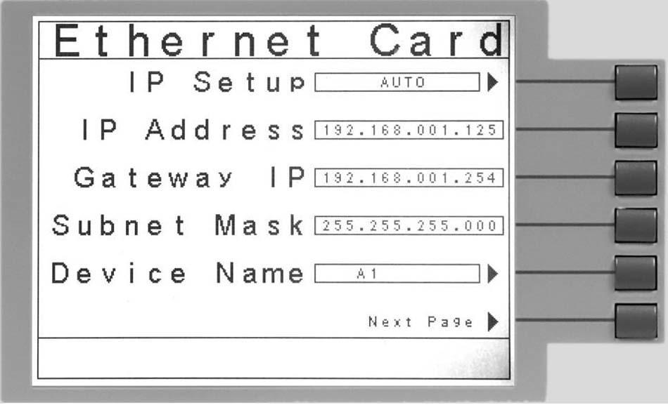 The Ethernet Card Parameters screen will now be displayed as shown below: From the Ethernet Card Parameters screen, six different parameters may be accessed: IP Setup, IP