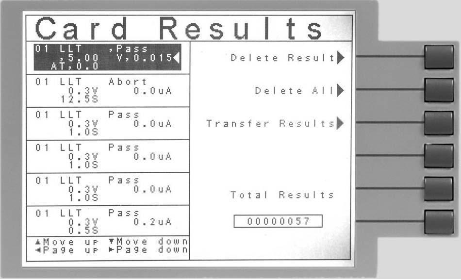 Operation The Data Storage Card Results menu can be viewed by pressing the Results softkey while in the Perform Tests Screen.